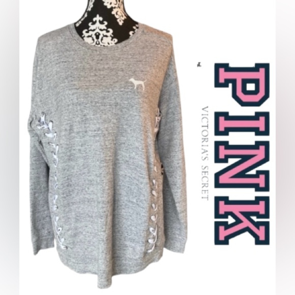 PINK Victoria Secret Lace Up Crew Sweatshirt Grey Women's Size Small Oversized